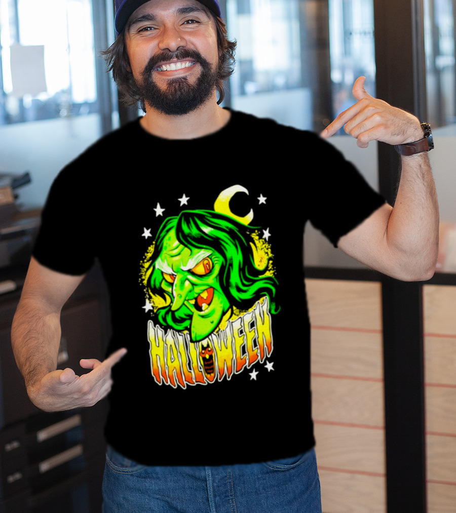 Halloween Witch Green Face Crescent Moon And Stars T-Shirt