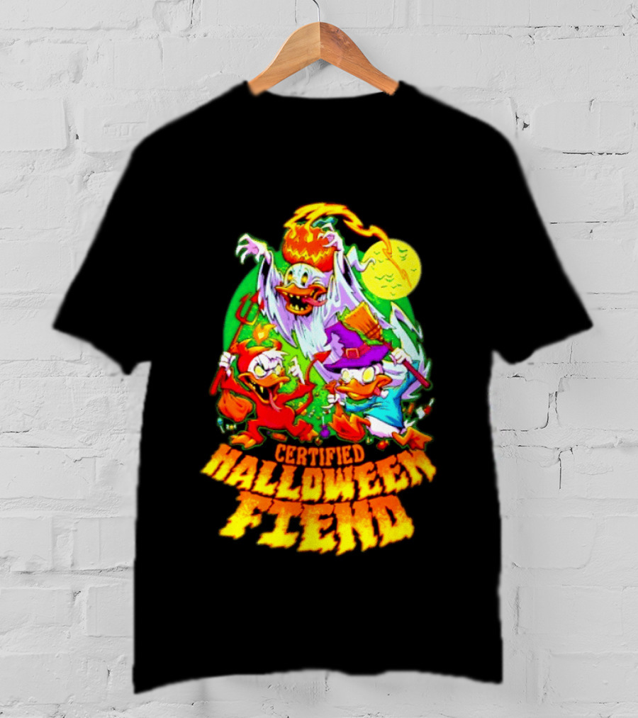 Certified Halloween Fiend Donald Duck Huey Dewey Louie Ghost Witch Devil Moon Scene T-Shirt