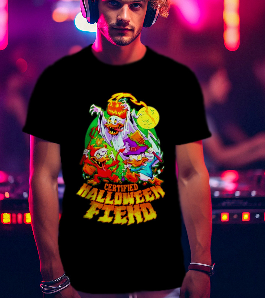 Certified Halloween Fiend Donald Duck Huey Dewey Louie Ghost Witch Devil Moon Scene T-Shirt