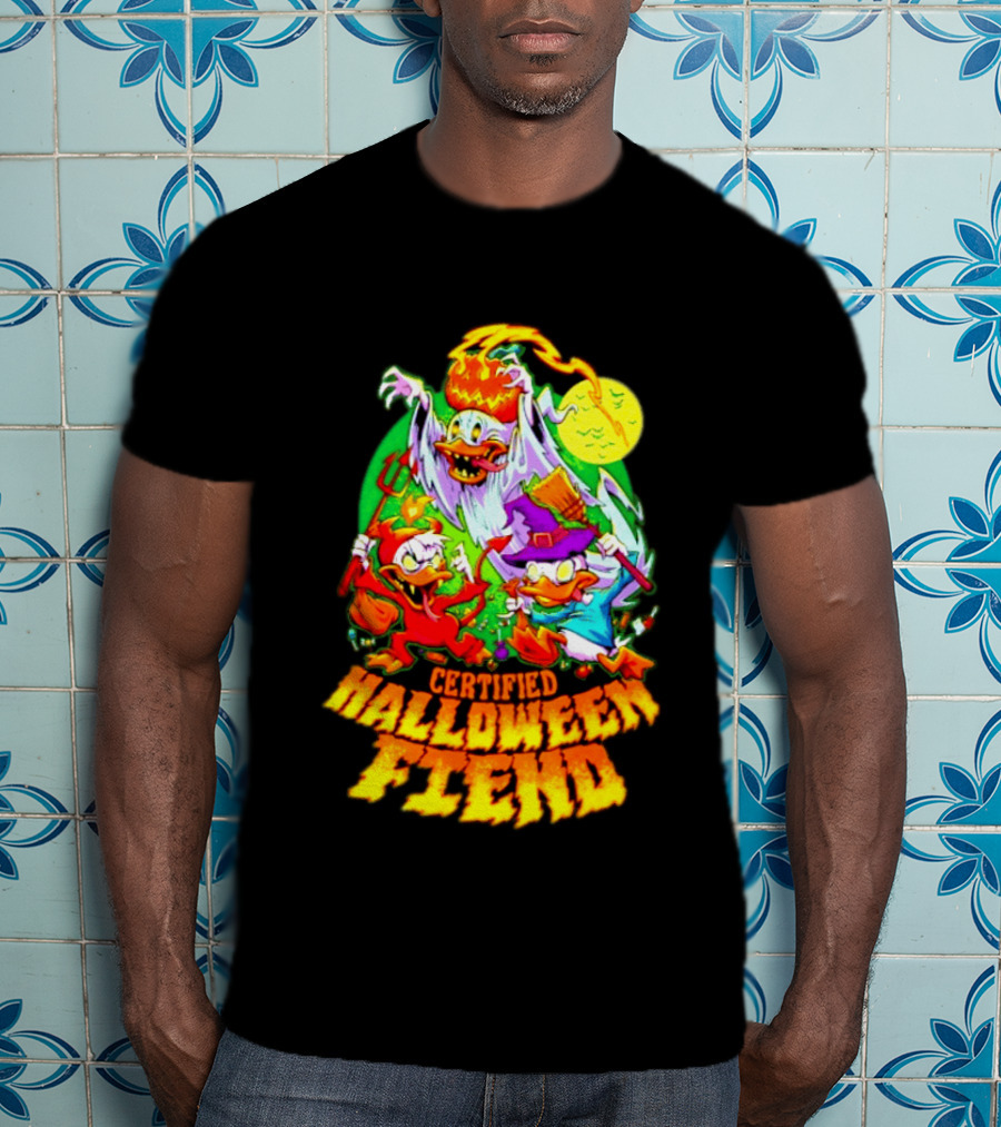 Certified Halloween Fiend Donald Duck Huey Dewey Louie Ghost Witch Devil Moon Scene T-Shirt