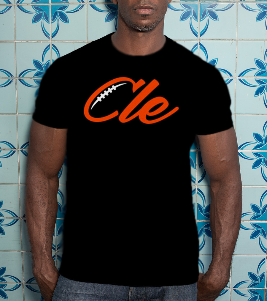 Cleveland Browns Cle Football Team Cle Script Text With Football Stitching T-Shirt