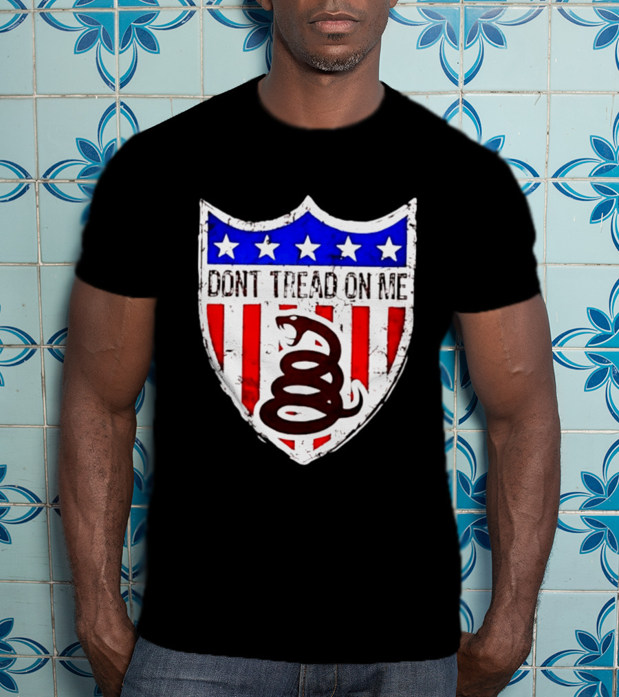 Dont Tread On Me American Flag Shield Gadsden Snake T-Shirt