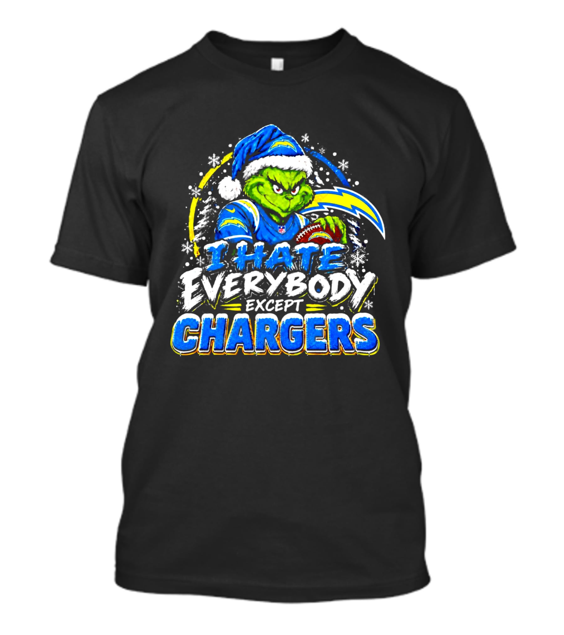 Los Angeles Chargers Grinch Christmas I Hate Everybody Except Chargers Fans Holiday T-Shirt