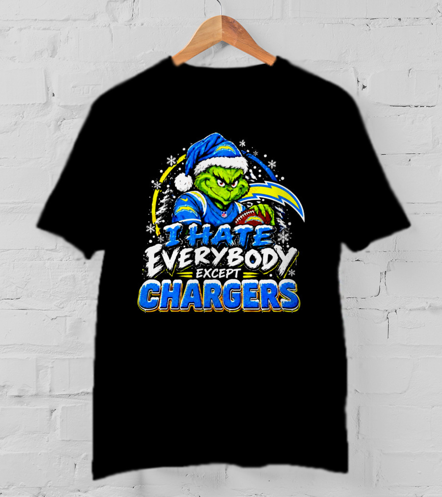 Los Angeles Chargers Grinch Christmas I Hate Everybody Except Chargers Fans Holiday T-Shirt