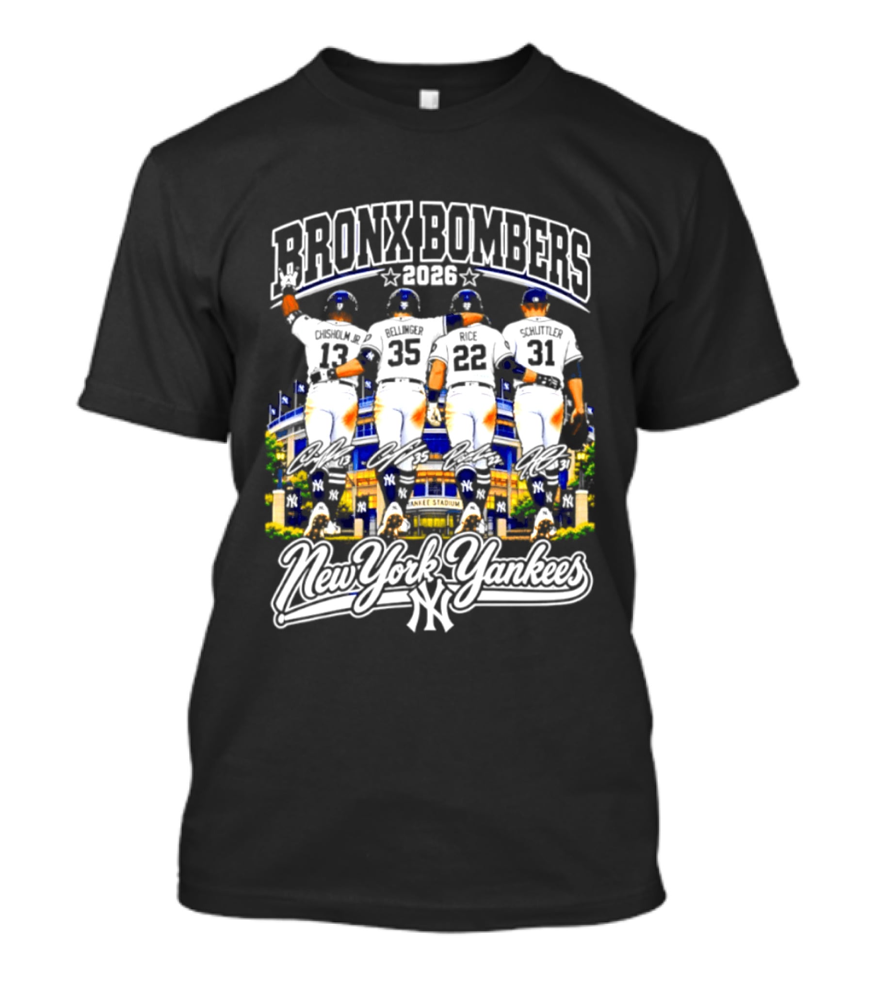 New York Yankees Bronx Bombers 2026 Chisholm Jr Bellinger Rice Schlittler Numbers 37 45 22 31 T-Shirt