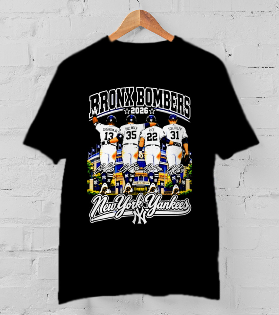New York Yankees Bronx Bombers 2026 Chisholm Jr Bellinger Rice Schlittler Numbers 37 45 22 31 T-Shirt