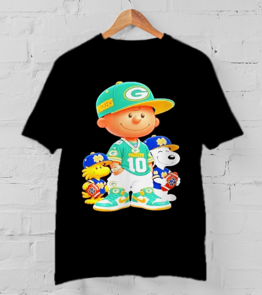 Peanuts Green Bay Packers Notre Dame Fighting Irish Football Characters Charlie Brown Snoopy Woodstock T-Shirt