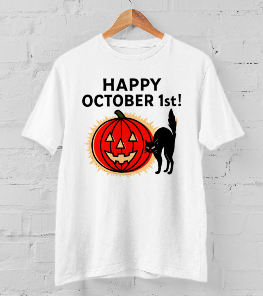 Happy October 1st Pumpkin Black Cat Halloween Celebration T-Shirt