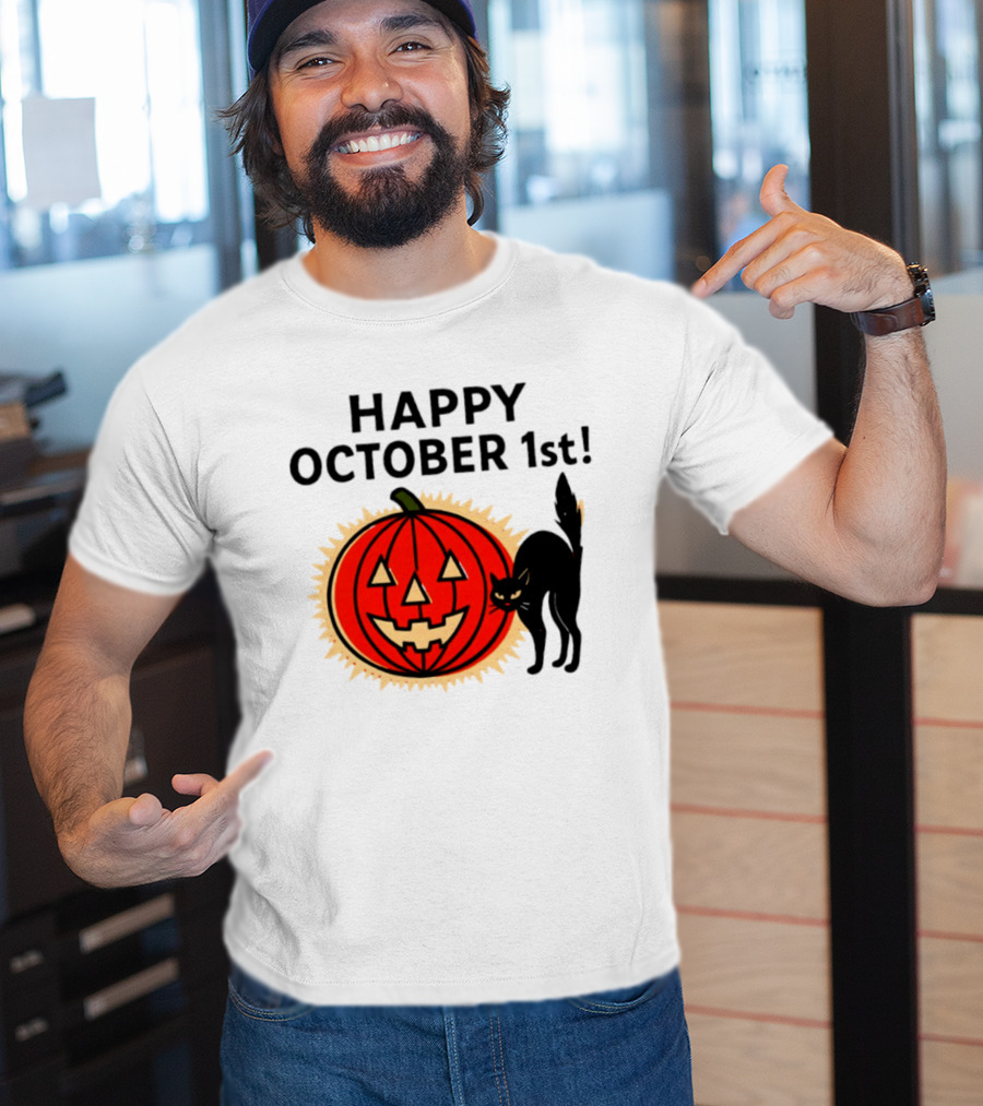 Happy October 1st Pumpkin Black Cat Halloween Celebration T-Shirt