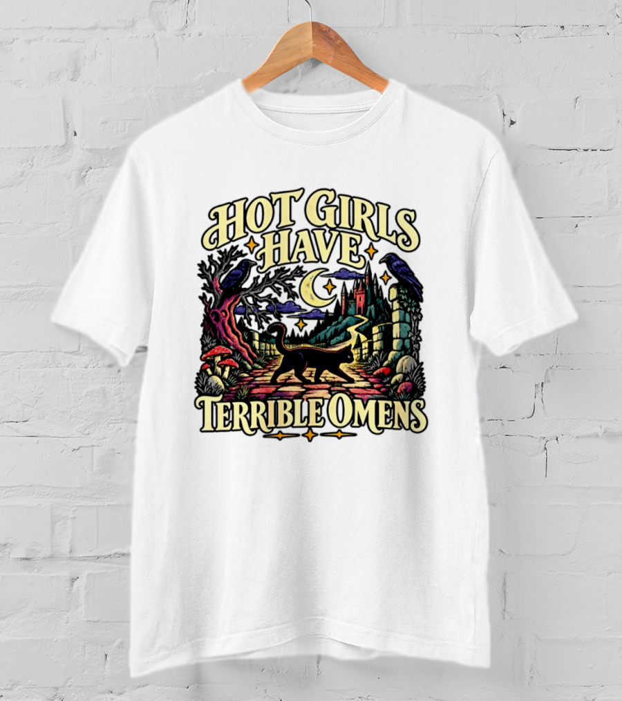Hot Girls Have Terrible Omens Gothic Cat Halloween Scene T-Shirt