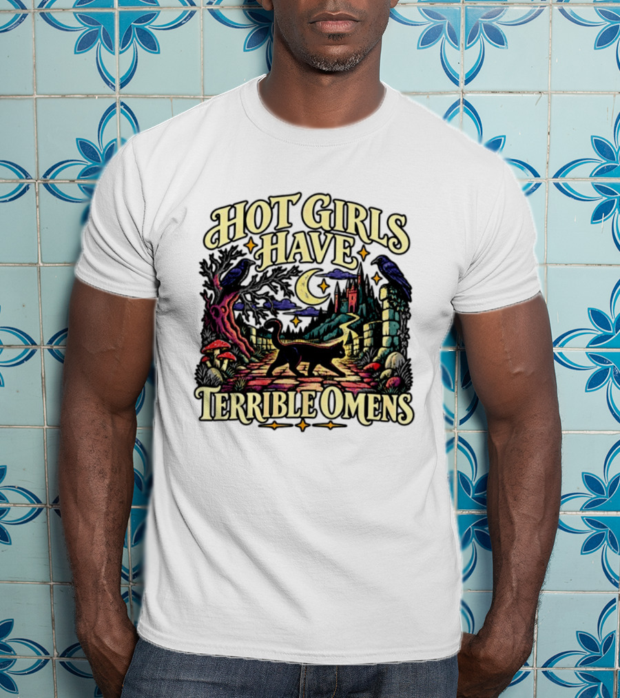 Hot Girls Have Terrible Omens Gothic Cat Halloween Scene T-Shirt