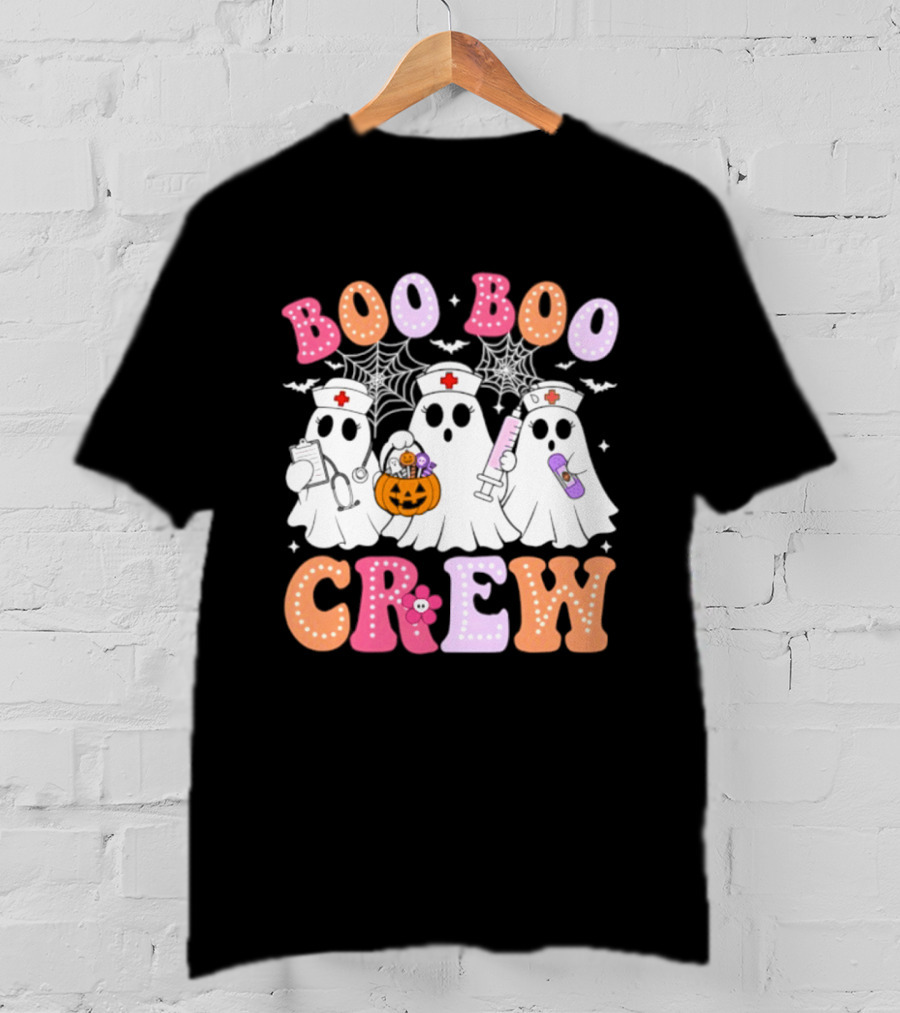 Boo Boo Crew Ghost Nurse Halloween Spooky Pumpkins And Webs T-Shirt