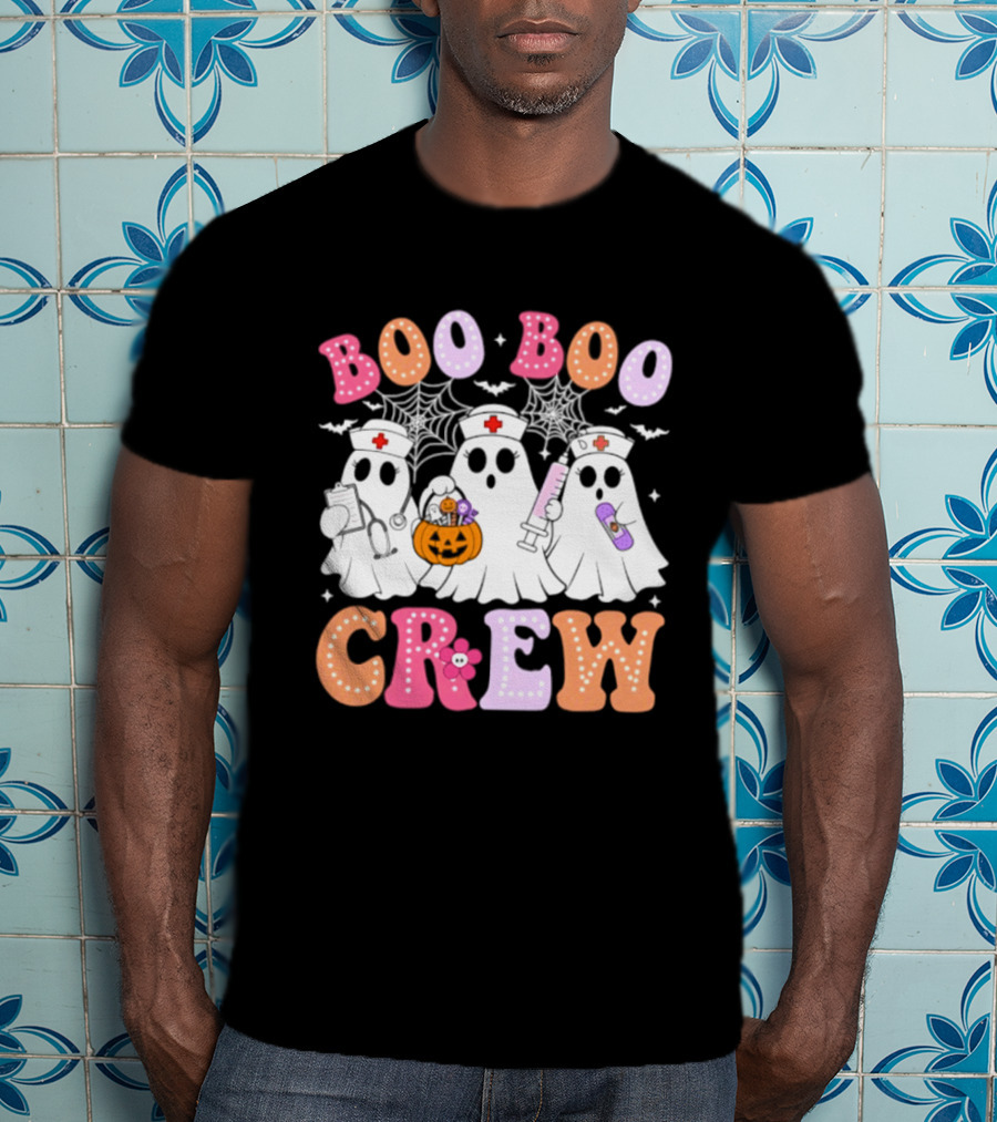 Boo Boo Crew Ghost Nurse Halloween Spooky Pumpkins And Webs T-Shirt