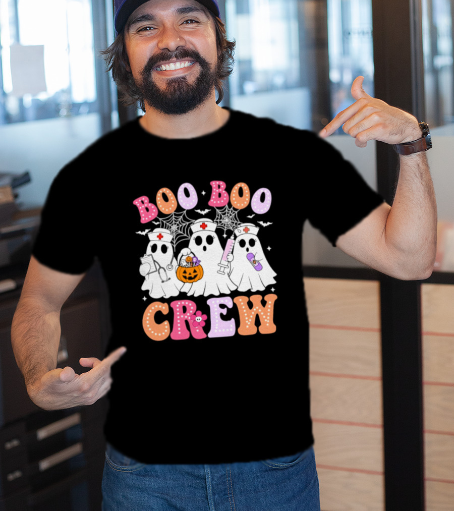 Boo Boo Crew Ghost Nurse Halloween Spooky Pumpkins And Webs T-Shirt