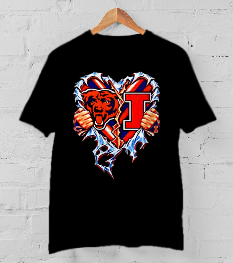 Chicago Bears Illinois Fighting Illini Heart Ripped Chest Mashup T-Shirt