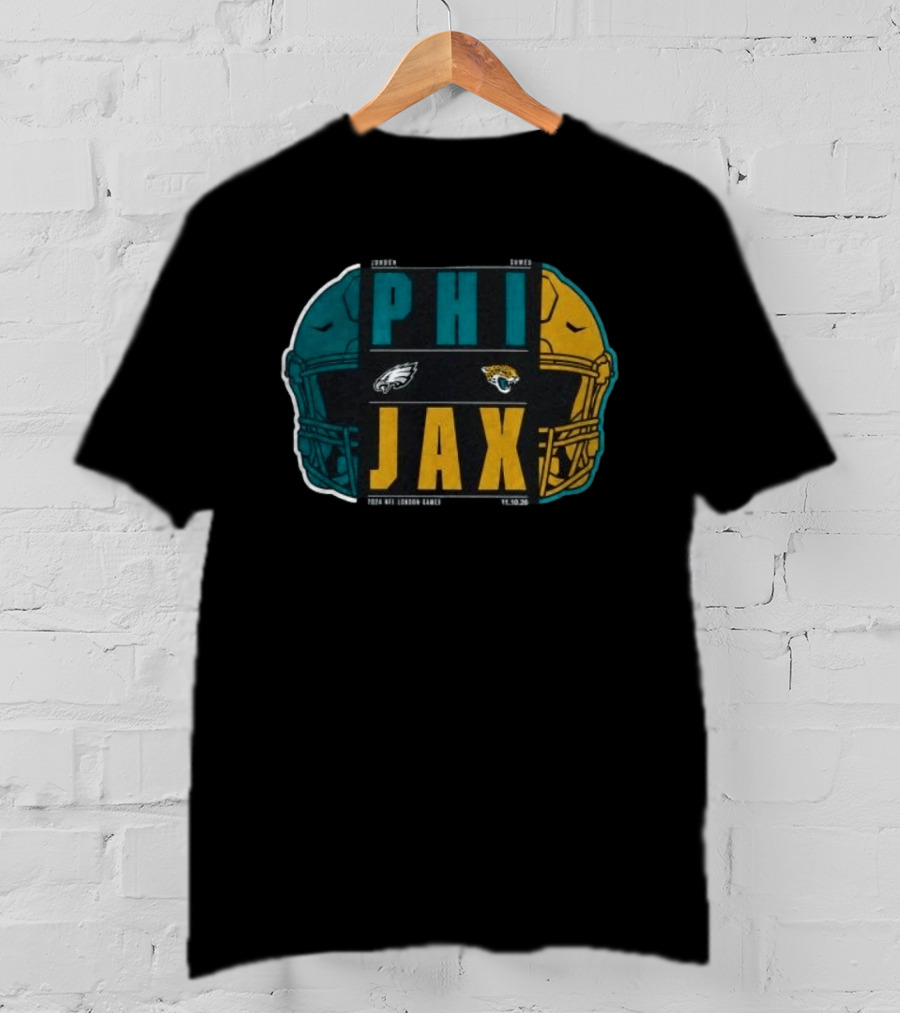 Jacksonville Jaguars Vs Philadelphia Eagles 2026 London Game International City Matchup Football Helmets Logos T-Shirt