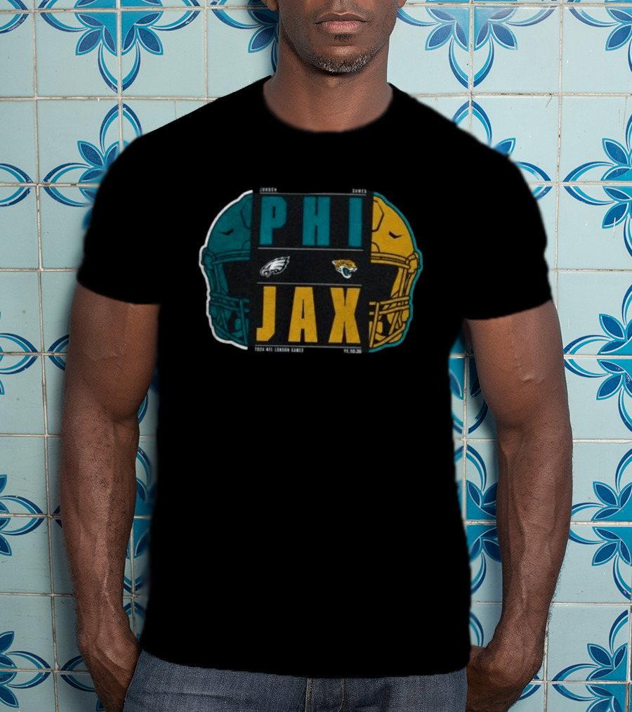 Jacksonville Jaguars Vs Philadelphia Eagles 2026 London Game International City Matchup Football Helmets Logos T-Shirt
