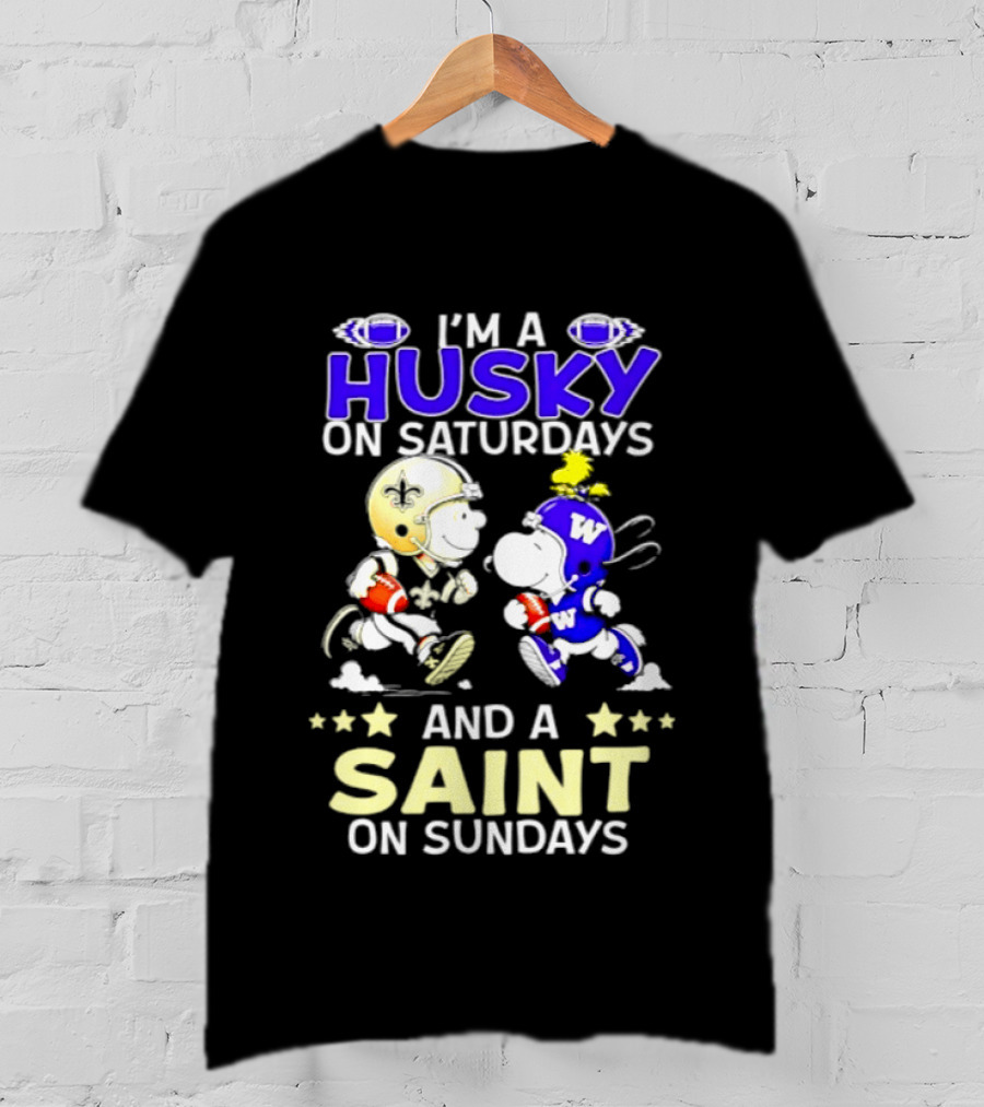 Peanuts I'm A Husky On Saturdays And A Saint On Sundays Football Charlie Brown Snoopy T-Shirt