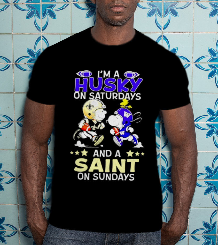 Peanuts I'm A Husky On Saturdays And A Saint On Sundays Football Charlie Brown Snoopy T-Shirt