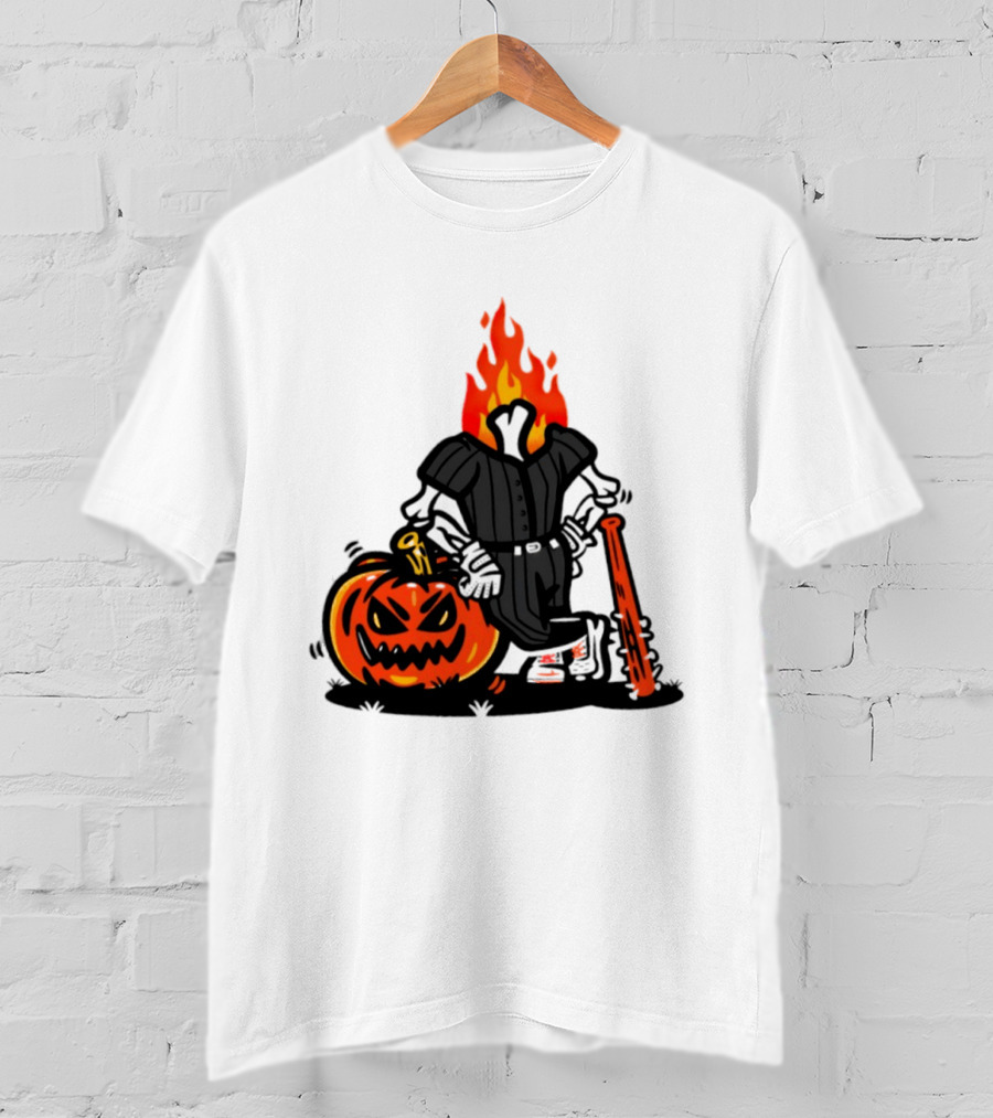 Flaming Pumpkin Head Baseball Player 2026 Halloween T-Shirt