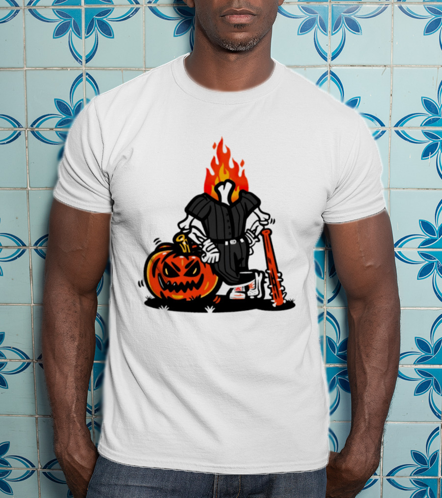 Flaming Pumpkin Head Baseball Player 2026 Halloween T-Shirt