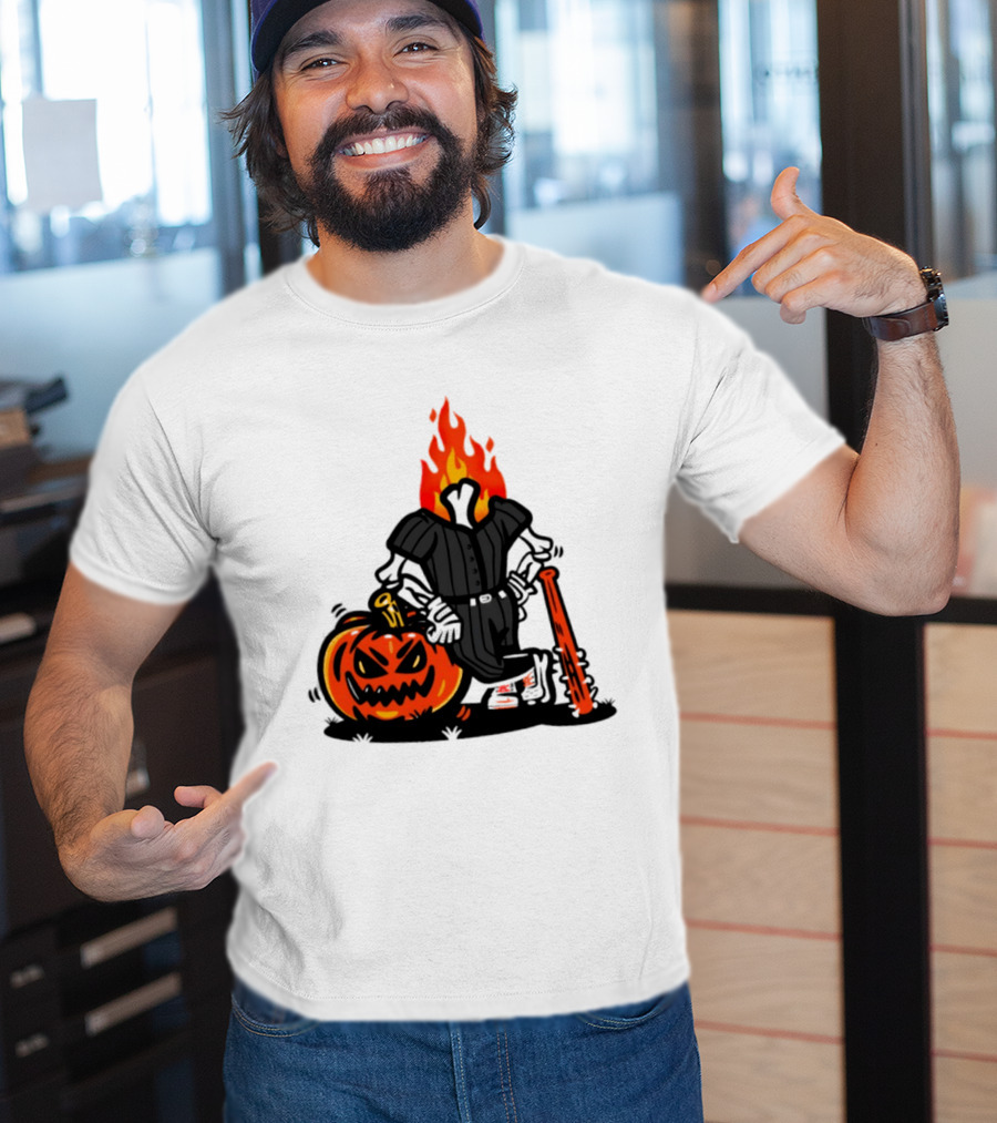 Flaming Pumpkin Head Baseball Player 2026 Halloween T-Shirt