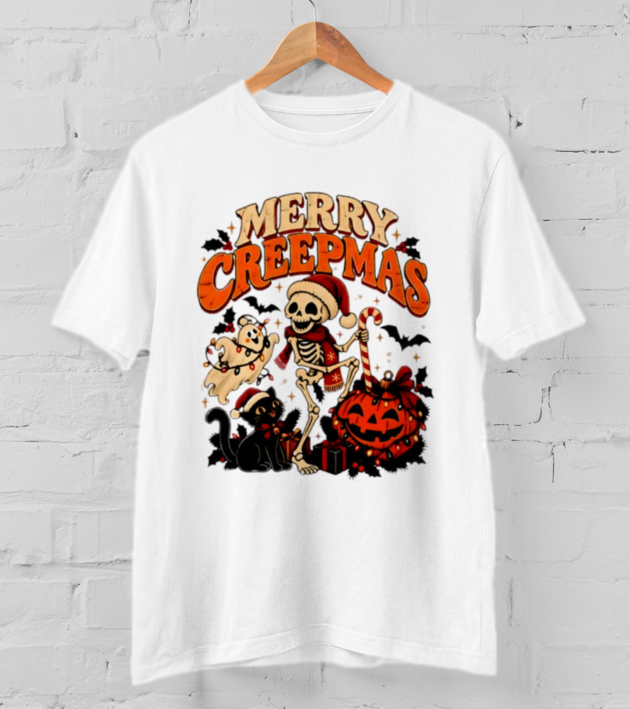 Merry Creepmas Skeleton Ghost Black Cat Pumpkin Holiday Scene T-Shirt