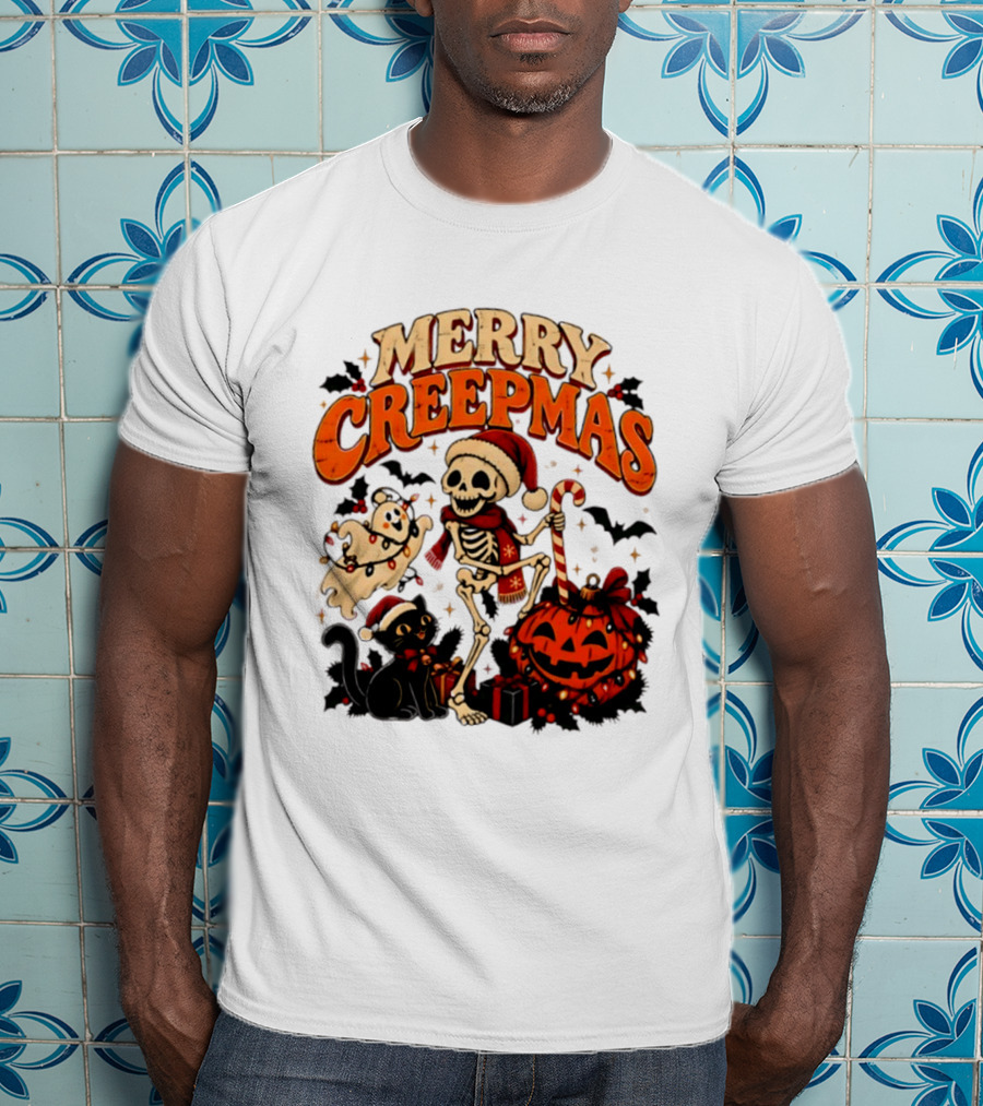 Merry Creepmas Skeleton Ghost Black Cat Pumpkin Holiday Scene T-Shirt