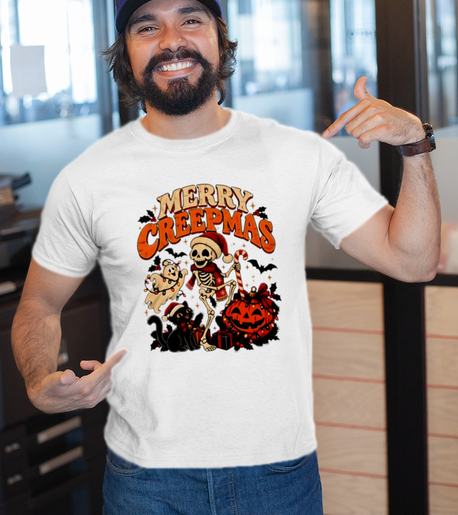 Merry Creepmas Skeleton Ghost Black Cat Pumpkin Holiday Scene T-Shirt