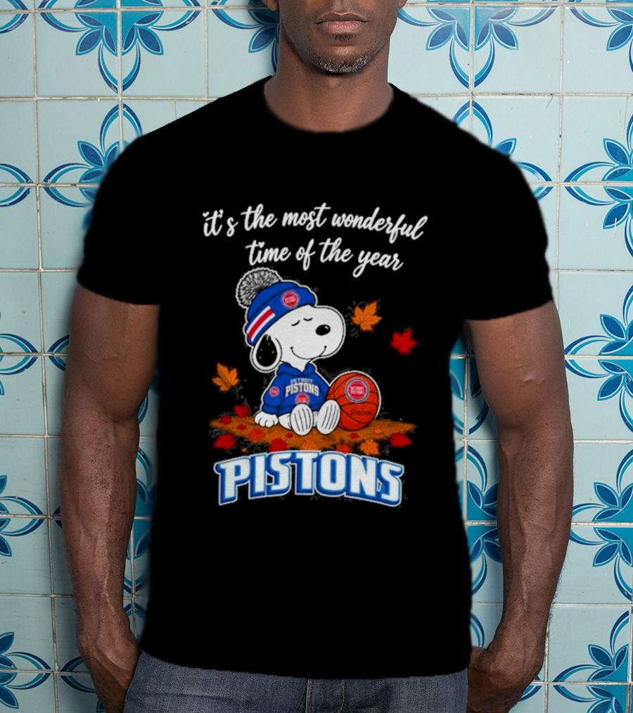 Detroit Pistons Snoopy Autumn Football It's The Most Wonderful Time Of The Year T-Shirt
