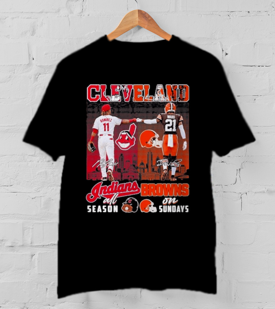 Cleveland José Ramírez Fist Bump Denzel Ward Indians All Season Browns On Sundays City Skyline T-Shirt