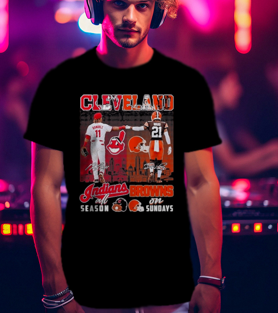 Cleveland José Ramírez Fist Bump Denzel Ward Indians All Season Browns On Sundays City Skyline T-Shirt