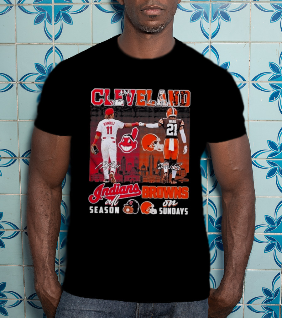 Cleveland José Ramírez Fist Bump Denzel Ward Indians All Season Browns On Sundays City Skyline T-Shirt