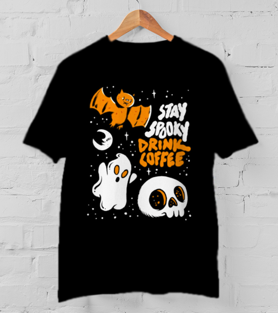 Stay Spooky Drink Coffee Halloween Ghost With Bat Skull And Moon T-Shirt