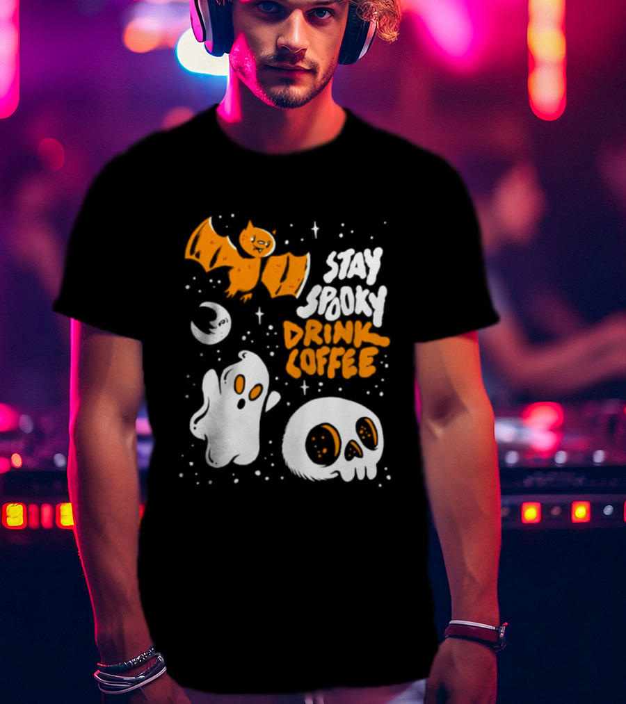 Stay Spooky Drink Coffee Halloween Ghost With Bat Skull And Moon T-Shirt