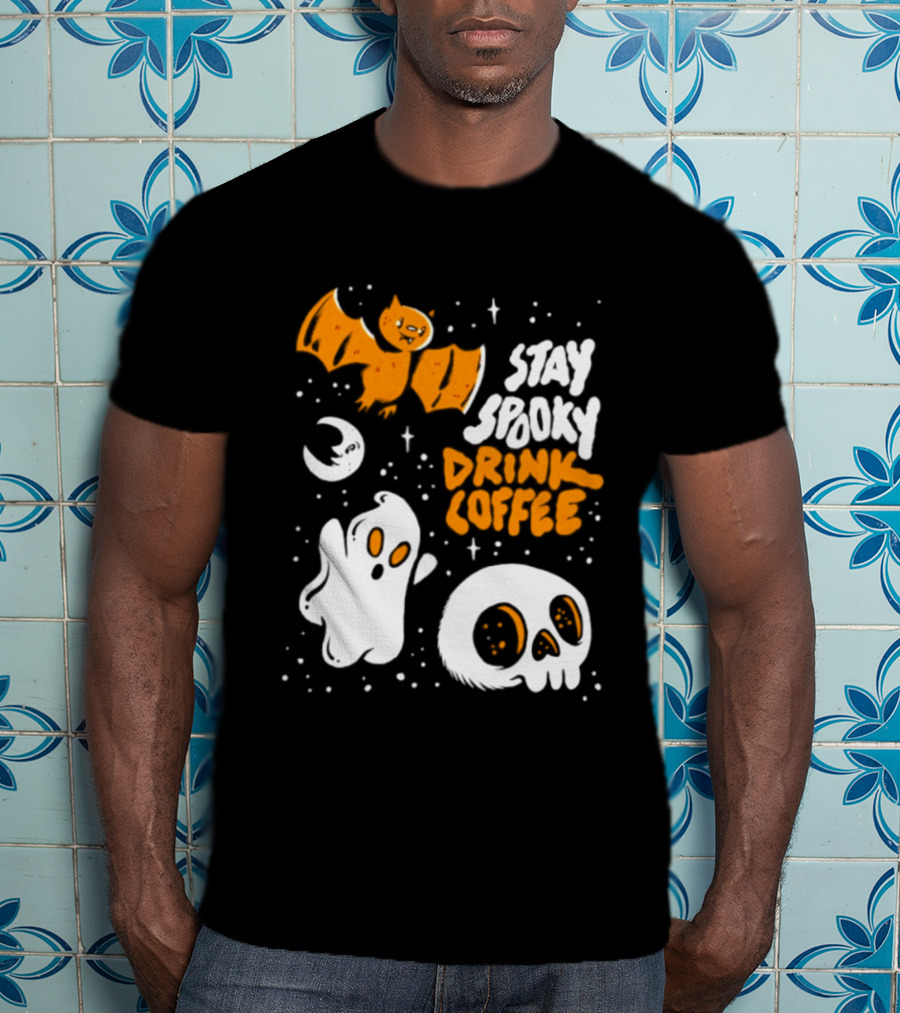 Stay Spooky Drink Coffee Halloween Ghost With Bat Skull And Moon T-Shirt