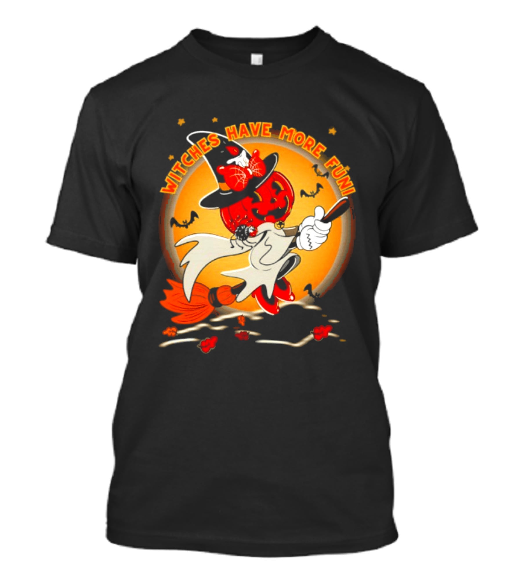 Witches Have More Fun Pumpkin Witch Riding Broomstick Halloween Magic T-Shirt