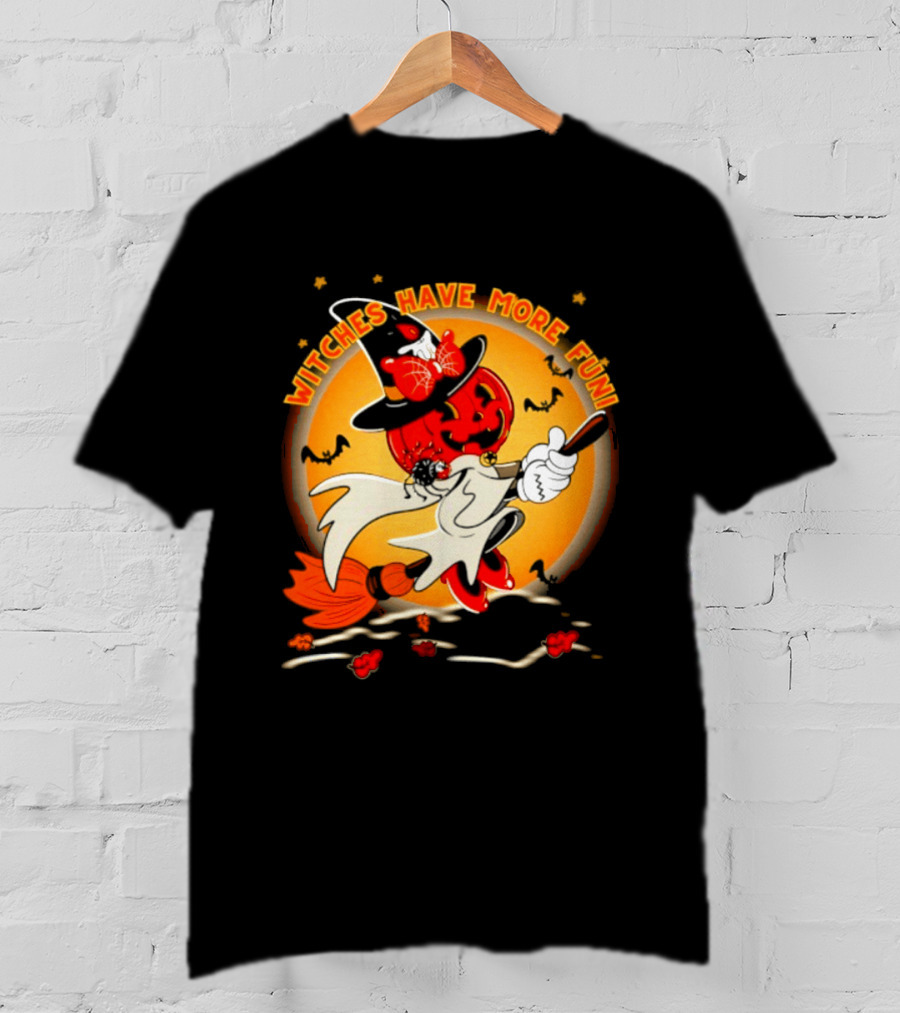 Witches Have More Fun Pumpkin Witch Riding Broomstick Halloween Magic T-Shirt