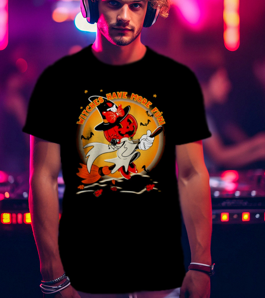 Witches Have More Fun Pumpkin Witch Riding Broomstick Halloween Magic T-Shirt