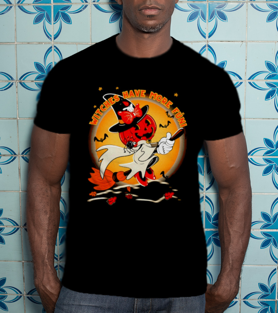 Witches Have More Fun Pumpkin Witch Riding Broomstick Halloween Magic T-Shirt