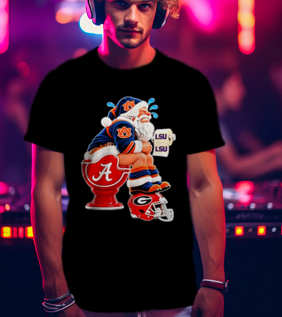 Auburn Santa On Alabama Crimson Tide Toilet With LSU Paper Georgia Bulldogs Helmet Football Humor T-Shirt