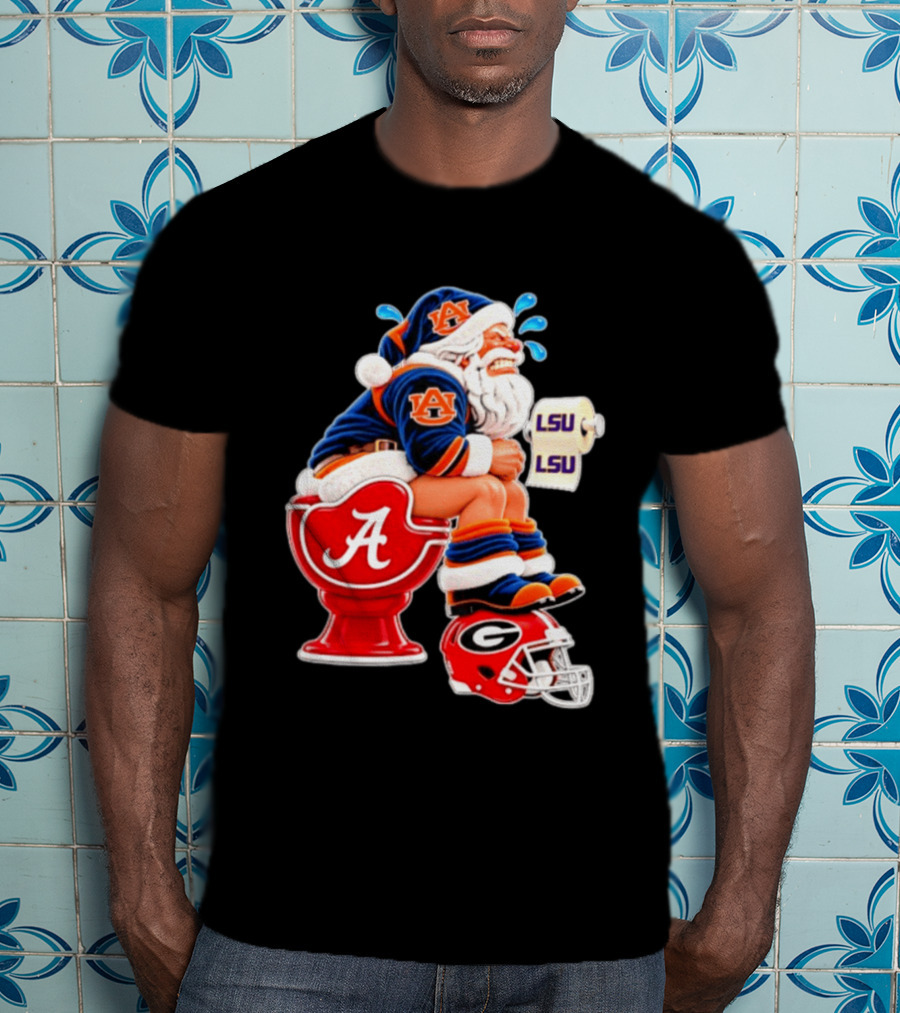 Auburn Santa On Alabama Crimson Tide Toilet With LSU Paper Georgia Bulldogs Helmet Football Humor T-Shirt