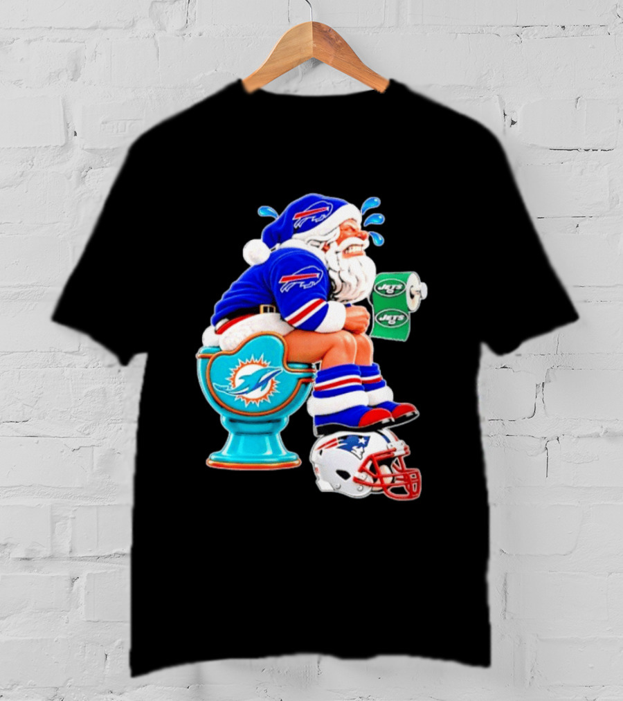 Buffalo Bills Santa On Miami Dolphins Toilet With NY Jets Paper And Patriots Helmet T-Shirt