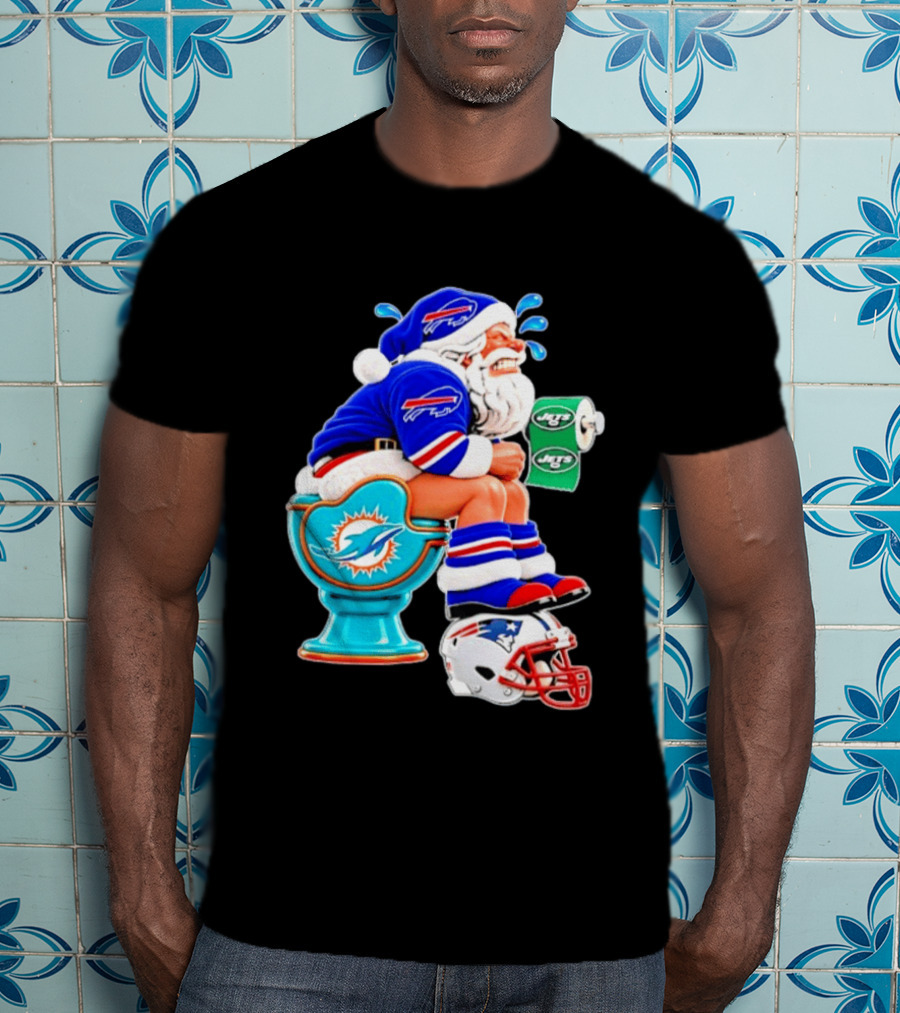 Buffalo Bills Santa On Miami Dolphins Toilet With NY Jets Paper And Patriots Helmet T-Shirt
