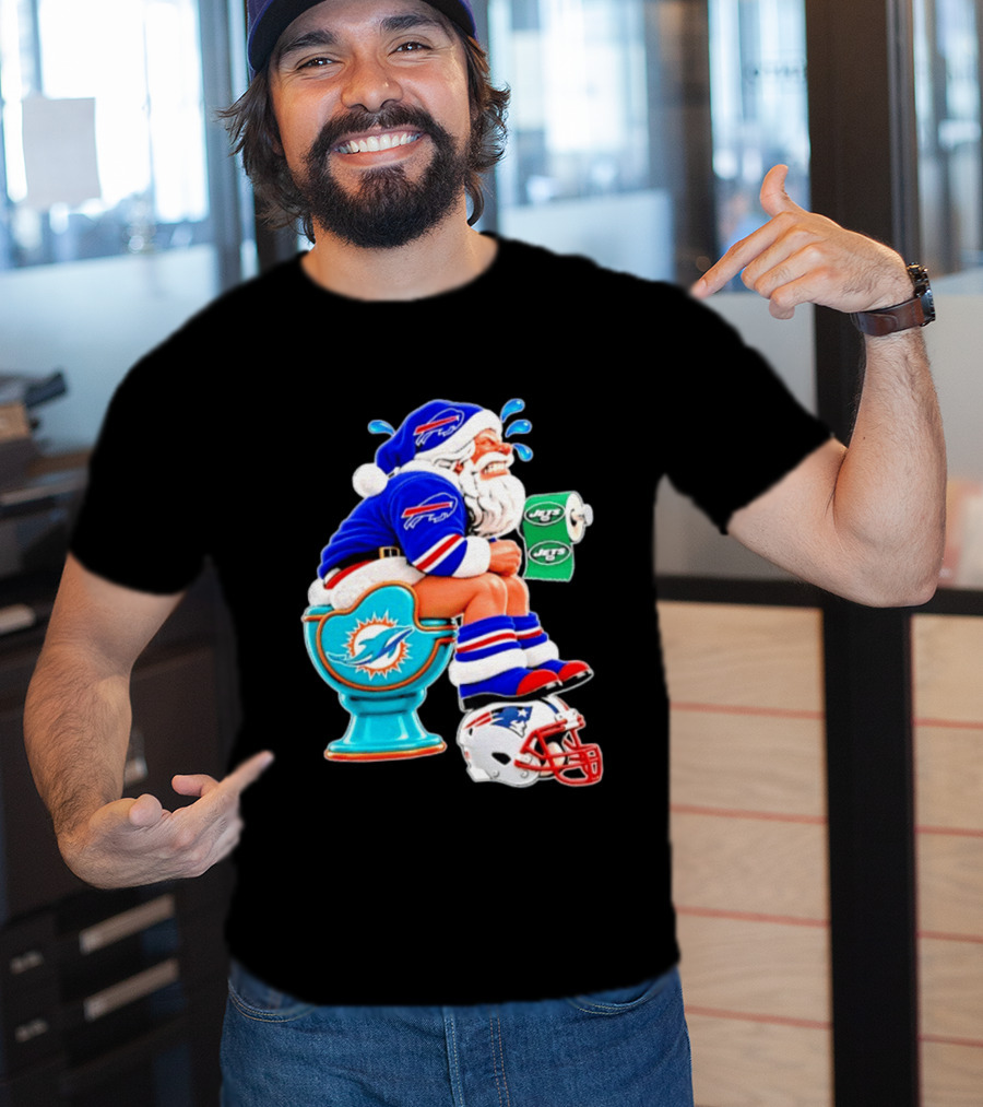 Buffalo Bills Santa On Miami Dolphins Toilet With NY Jets Paper And Patriots Helmet T-Shirt