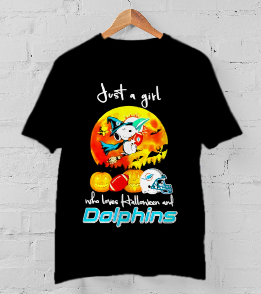 Just A Girl Who Loves Halloween And Miami Dolphins Snoopy Woodstock Pumpkin Football T-Shirt