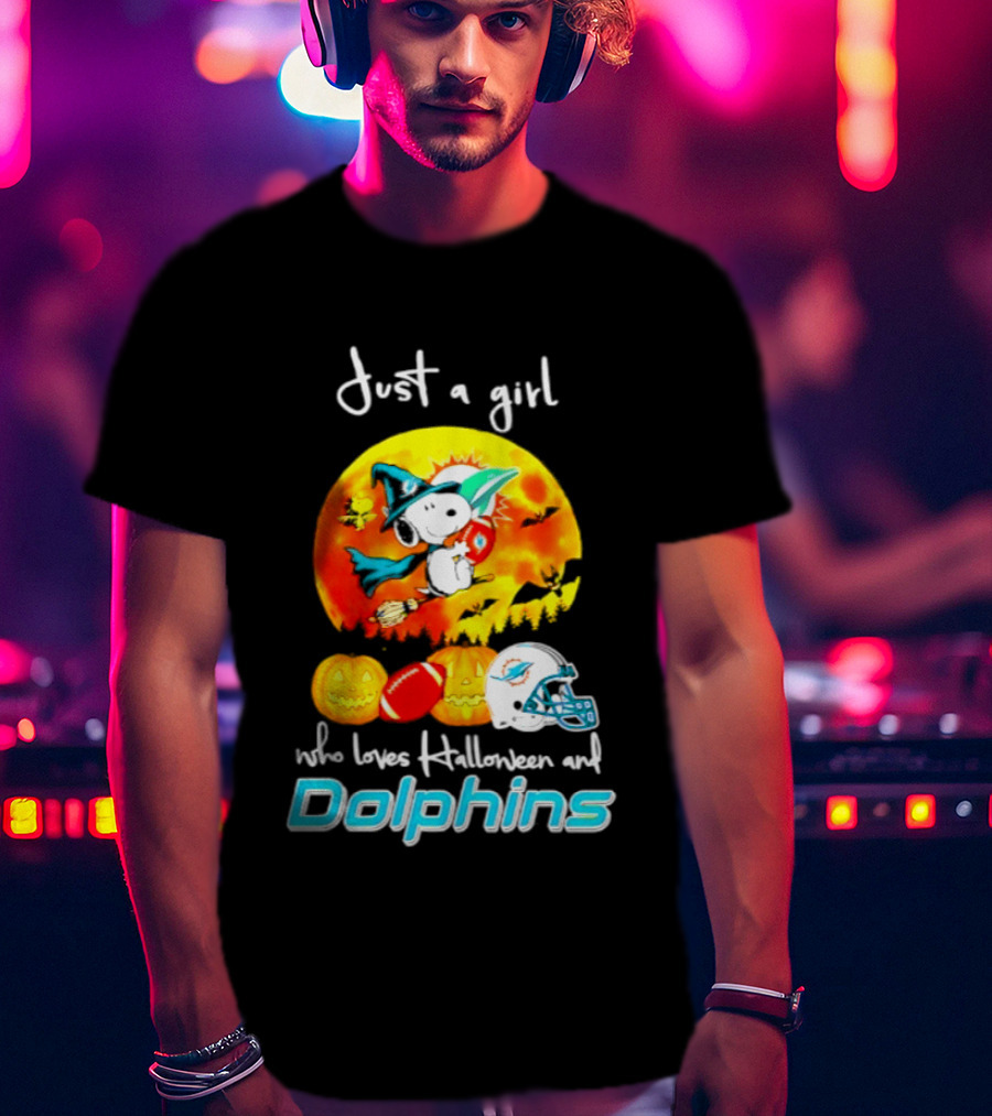 Just A Girl Who Loves Halloween And Miami Dolphins Snoopy Woodstock Pumpkin Football T-Shirt