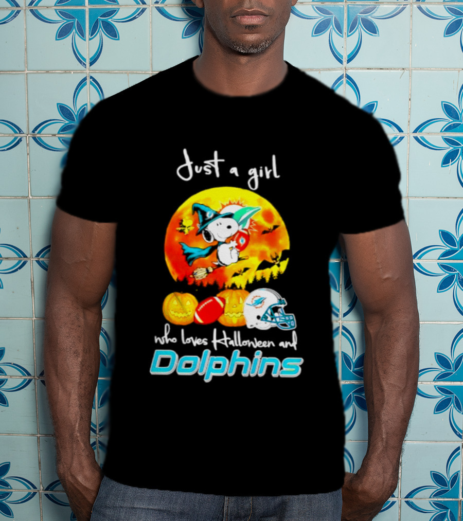 Just A Girl Who Loves Halloween And Miami Dolphins Snoopy Woodstock Pumpkin Football T-Shirt