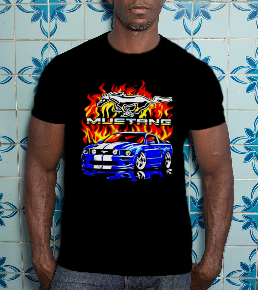 Mustang Blue Car With Flaming Horse And Fire T-Shirt