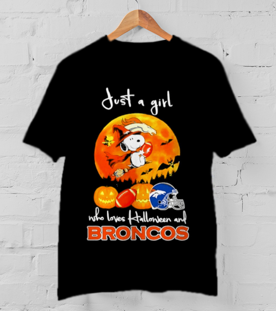 Just A Girl Who Loves Halloween And Broncos Football With Snoopy And Woodstock In Pumpkin T-Shirt
